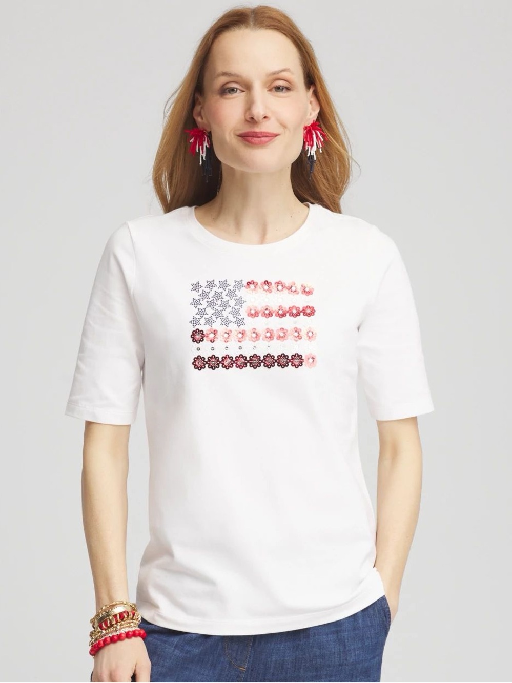 CHICO’S NWT 0 Flag Embellished Knit Tee • Sequin Star Flower Americana - Picture 9 of 13